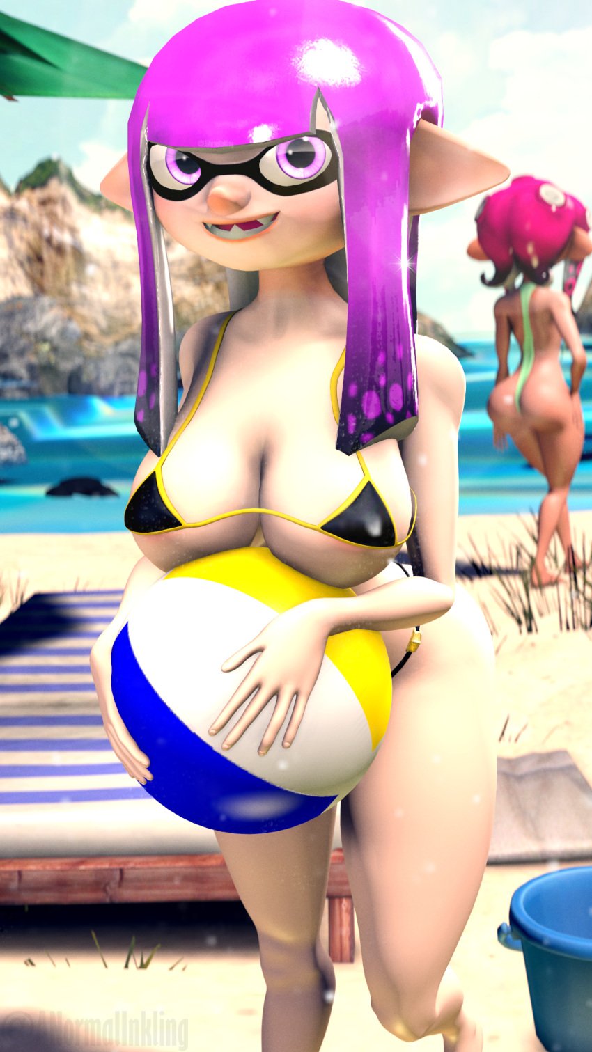 3d a_normal_inkling beach beachball black_bikini inkling inkling_girl looking_at_viewer octoling octoling_girl pink_hair purple_eyes purple_hair self_upload sfm source_filmmaker splatoon splatoon_(series)