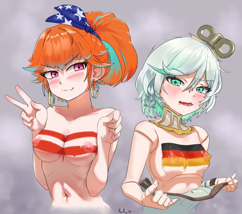 2d 2d_artwork 2girls areolae arrax_(wdah8558) austrian_flag austrian_vtuber belly_button blush blush_lines blushing bodypaint braid breast_size_difference breasts cecilia_immergreen comparing cropped_torso doll doll_girl doll_joints dress_down dress_pull duo duo_female duo_focus earrings eyelashes female female_focus female_only flabbergasted german_flag german_vtuber green_eyes green_hair hololive hololive_english hololive_english_-justice- hololive_myth lashes light-skinned_female light_skin looking_at_another looking_at_each_other medium_breasts midriff multiple_girls navel nipples orange_hair peace_sign pink_eyes ponytail short_hair shorter_female small_breasts smile smug_smile takanashi_kiara v virtual_youtuber visible_air waist