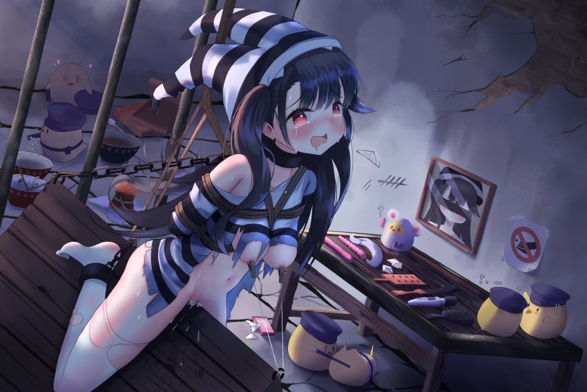 1girls 7animals :o absurdres arms_behind_back azur_lane black_hair blush bondage bottomless bound bound_arms breasts censored chain_around_neck chained_legs chains clothes_pull commentary_request crotch_rub crying crying_with_eyes_open female full_body highres identity_censor legs legs_folded light-skinned_female light_skin long_hair manjuu_(azur_lane) medium_breasts midriff navel nipple_clamps nipples no_bra no_panties northern_parliament_(azur_lane) pamiat_merkuria_(azur_lane) pamiat_merkuria_(caged_minx)_(azur_lane) photo_(object) prison_cell prison_clothes pussy_juice pussy_juice_stain red_eyes restrained sex_toy shirt shirt_pull side_ponytail single_bare_shoulder solo stomach straddling striped_clothes striped_headwear striped_shirt tears thighhighs thighs torn_clothes torn_thighhighs vaginal_penetration very_long_hair wooden_horse xiaoye124