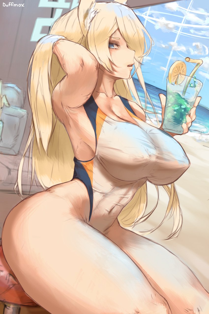 1girls absurd_res beach belly bikini blue_archive blue_eye breasts curvy drink drinking_glass duffmox female female_focus female_only halo huge_breasts kanna_(blue_archive) lemon light-skinned_female light_skin nipple_bulge outdoors public_peace_bureau_(blue_archive) sand sky thick_ass thick_legs thick_thighs thighs valkyrie_police_school_student yellow_hair