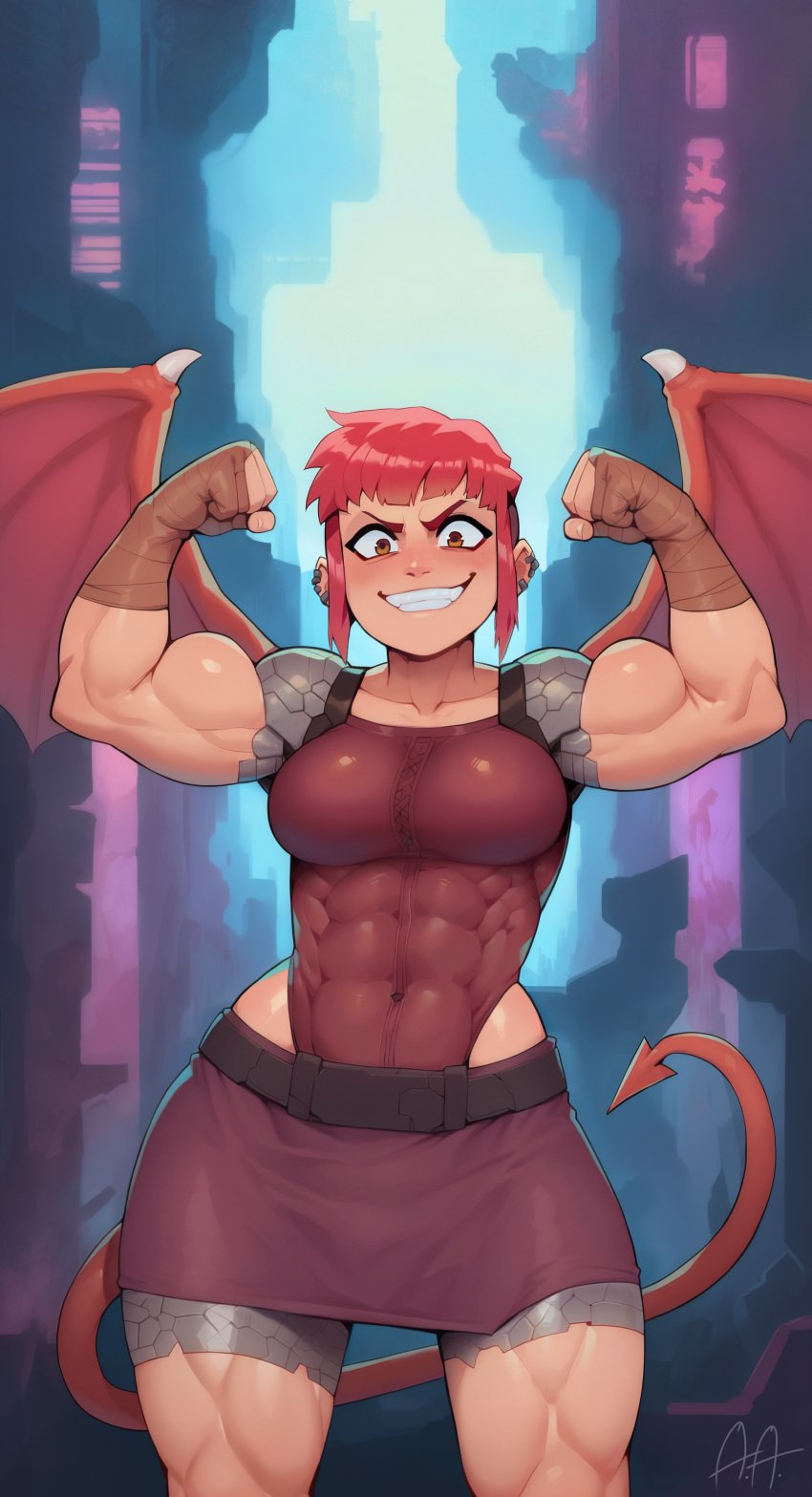 abs ai_generated armor artificialanaleptic artist_name belt biceps blush breasts clenched_hands clothing covered_navel demon_girl demon_tail ear_piercing earrings female female female_only flexing gloves grin jewelry large_breasts looking_at_viewer muscle muscular_female navel nimona obliques orange_eyes piercing red_hair shirt short_hair skirt smile solo standing tail teeth thick_thighs thighs wings