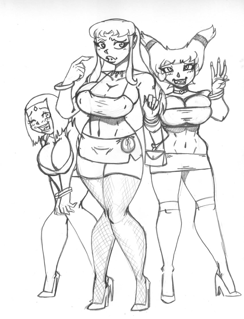 absurdres alien alien_girl bimbofication breasts crazycowproductions dc_comics femsub fishnets greyscale happy_trance high_heels jinx large_breasts legs raven starfire super_hero teen_titans