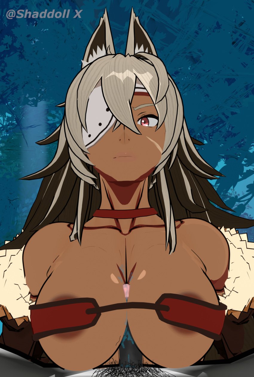 3d abs big_breasts big_penis blush cat_ears crossover cum_on_breasts dark-skinned_female disgusted eyepatch female genshin_impact ghislaine_dedoldia hilichurls_(species) mushoku_tensei paizuri penis pubic_hair shaddoll_x small_bra small_penis stray_pubic_hair titfuck_under_clothes titjob unimpressed visible_areolae