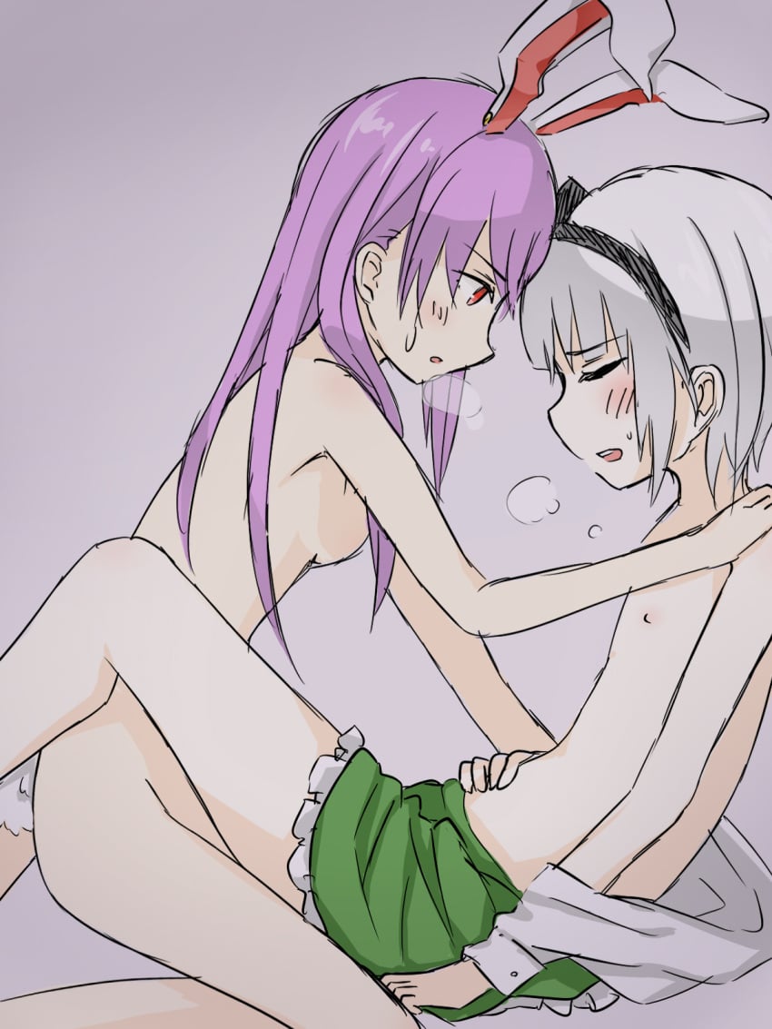 2girls animal_ears black_hairband breasts breath closed_eyes completely_nude facing_another feet_out_of_frame flat_chest frilled_skirt frills from_side green_skirt grey_background grey_hair hairband heavy_breathing highres konpaku_youmu kuroneko13x long_hair looking_at_another medium_hair multiple_girls nude open_mouth purple_hair rabbit_ears red_eyes reisen_udongein_inaba sex shirt simple_background skirt small_breasts teeth touhou unworn_shirt upper_teeth_only white_shirt yuri