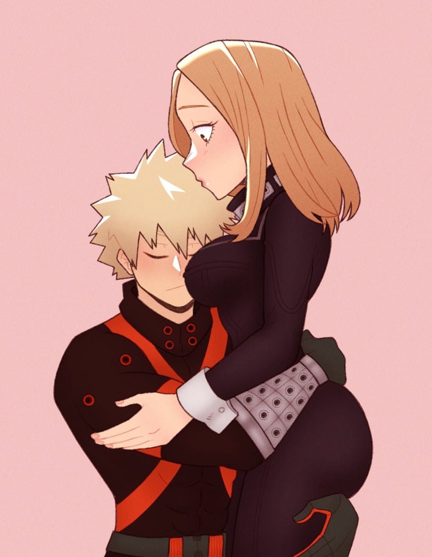 1boy 1boy1girl 1girls blonde_hair blonde_hair_female blonde_hair_male blush camie_utsushimi closed_eyes collar comfy cozy curvy curvy_female curvy_figure dressed fully_clothed fully_dressed hand_on_butt hand_on_hip hero hero_outfit_(mha) heroine hug hugging jumpsuit katsuki_bakugou lazyanart looking_at_partner muscular muscular_male my_hero_academia romantic romantic_couple spiked_hair straight warm warmth