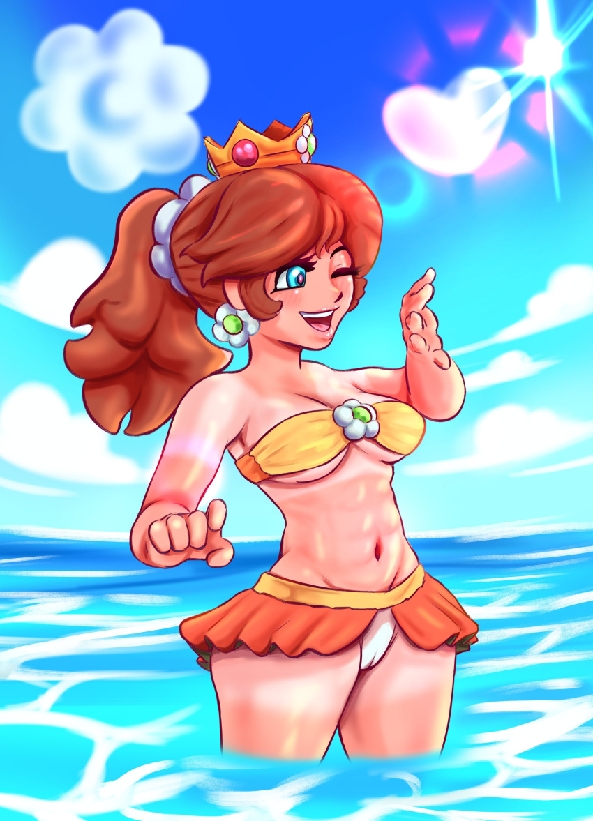 1girls alternate_hairstyle bandeau_bikini beach big_breasts bikini blue_eyes breasts brown_hair busty cameltoe cleavage female female_only highres large_breasts legs mario_(series) medium_hair navel nintendo ocean one_eye_closed open_mouth pink_lips ponytail princess princess_daisy smile solo swimsuit tan tanline teeth thick_thighs thighs tongue underboob water wink yellow_bikini