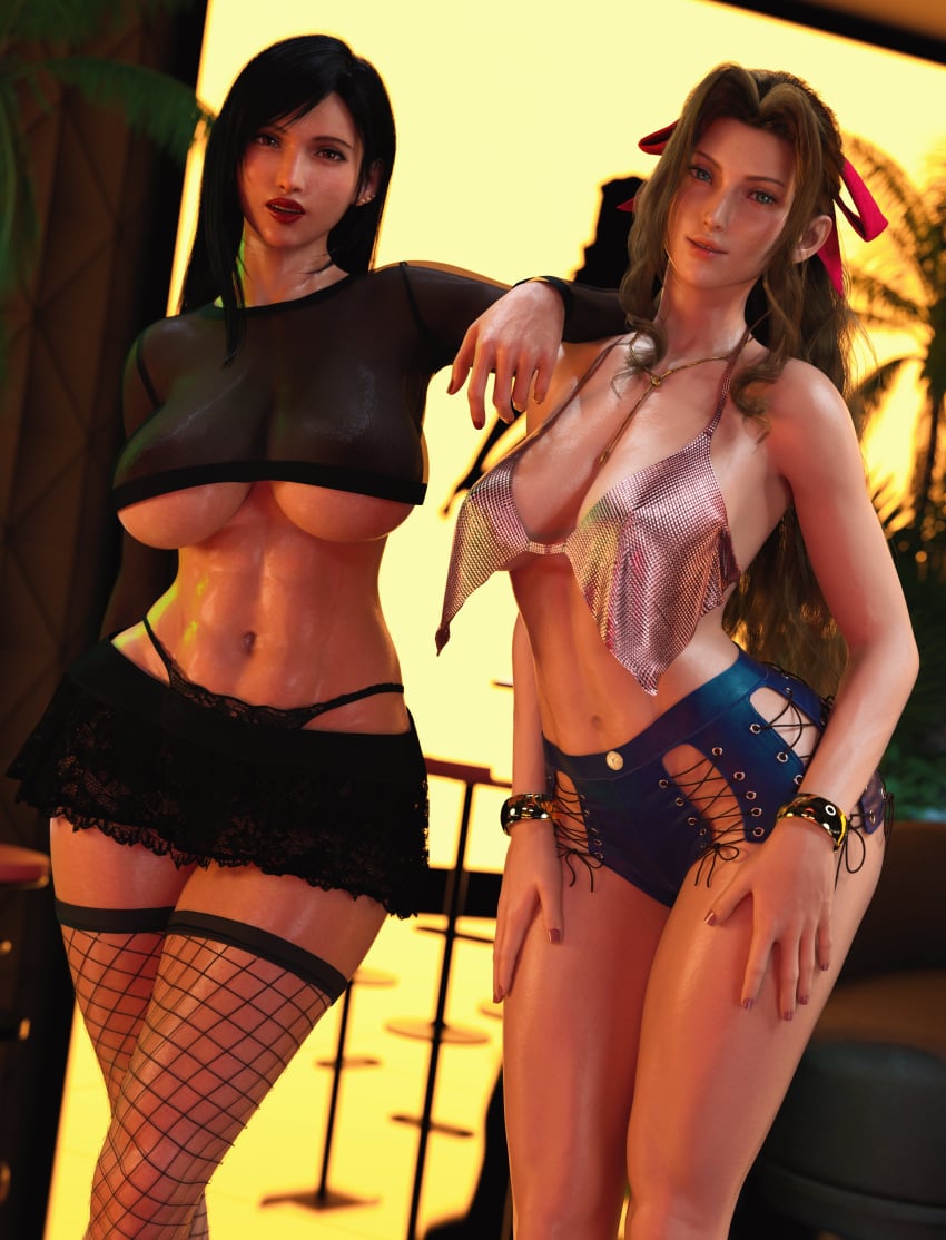 2girls 3d abs absurdres aerith_gainsborough ass big_ass big_breasts black_hair breasts brown_hair entitledgoose female female_only final_fantasy final_fantasy_vii final_fantasy_vii_remake fit fit_female green_eyes highres long_hair muscular muscular_female red_eyes square_enix straight_hair thick_thighs thighs tifa_lockhart toned toned_female