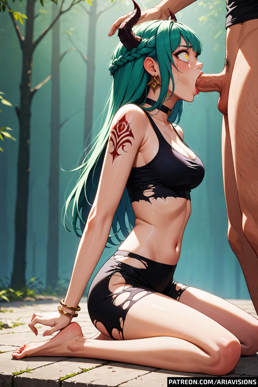 ai_generated ariavisions blowjob constricted_pupils demon_horns eyeshadow green_devil green_hair hand_on_head jewelry kneeling_oral_position original original_character original_characters shocked surprised torn_clothes yellow_eyes