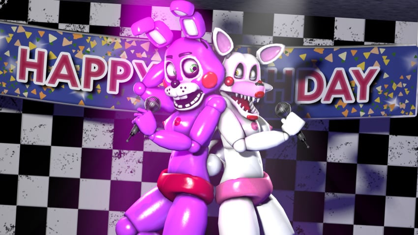3d 4k animatronic breasts bunny bunny_ears bunny_girl checkered_background checkered_wall disboi215 duo five_nights_at_freddy&#039;s five_nights_at_freddy&#039;s:_sister_location five_nights_at_freddy&#039;s_2 fnaf fox fox_ears fox_girl fox_tail green_eyes happy highres mangle_(fnaf) mic microphone pink_nipples pink_shorts purple_body purple_skin rabbit rabbit_tail red_lipstick red_nipples red_shorts robot rosy_cheeks sfm shiny_skin short_shorts shorts singing source_filmmaker toy_bonnet_(fnaf) white_body white_skin yellow_eyes