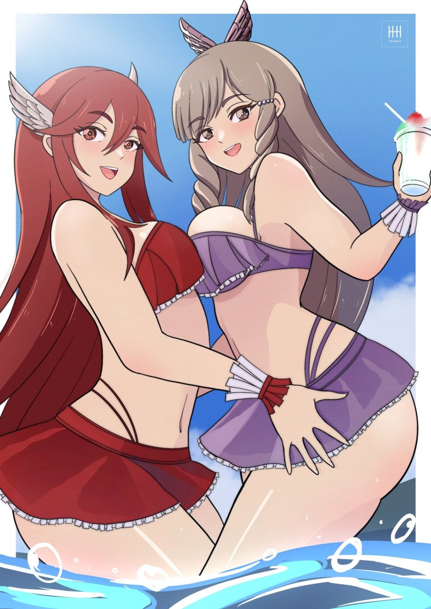 2girls :d alternate_costume armpits asymmetrical_docking bangs bare_arms bare_midriff bare_thighs bikini bikini_skirt breast_press breasts brown_eyes brown_hair cordelia_(fire_emblem) cordelia_(fire_emblem)_(cosplay) cordelia_(summer)_(fire_emblem) cosplay female female_only fire_emblem fire_emblem_awakening fire_emblem_heroes food frills hair_between_eyes hair_ornament ice_cream ihsnet large_breasts long_hair looking_at_viewer medium_breasts midriff multiple_girls navel nintendo ocean official_alternate_costume open_mouth outdoors partially_submerged purple_bikini purple_swimsuit red_bikini red_eyes red_hair red_swimsuit smile sumia_(fire_emblem) swimsuit thighs very_long_hair