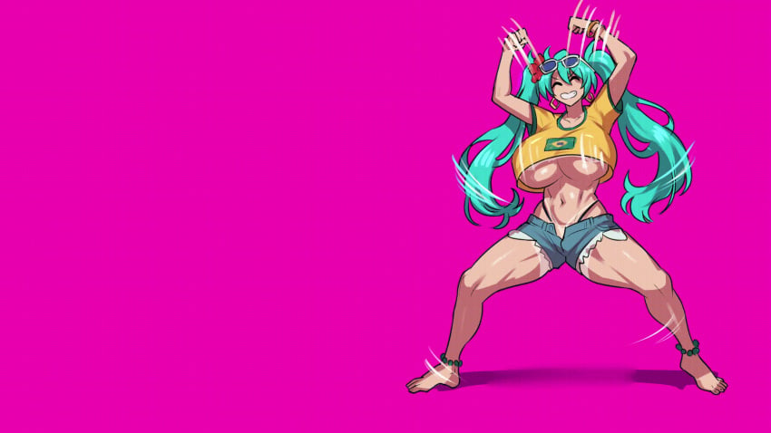 animated big_breasts big_thighs blue_hair brazil brazilian brazilian_female brazilian_flag brazilian_miku dancing dark_skin geulimykun_(skbyunea413) hakari_dance hatsune_miku shorts sunglasses tanned tanned_female tanned_skin twintails vocaloid