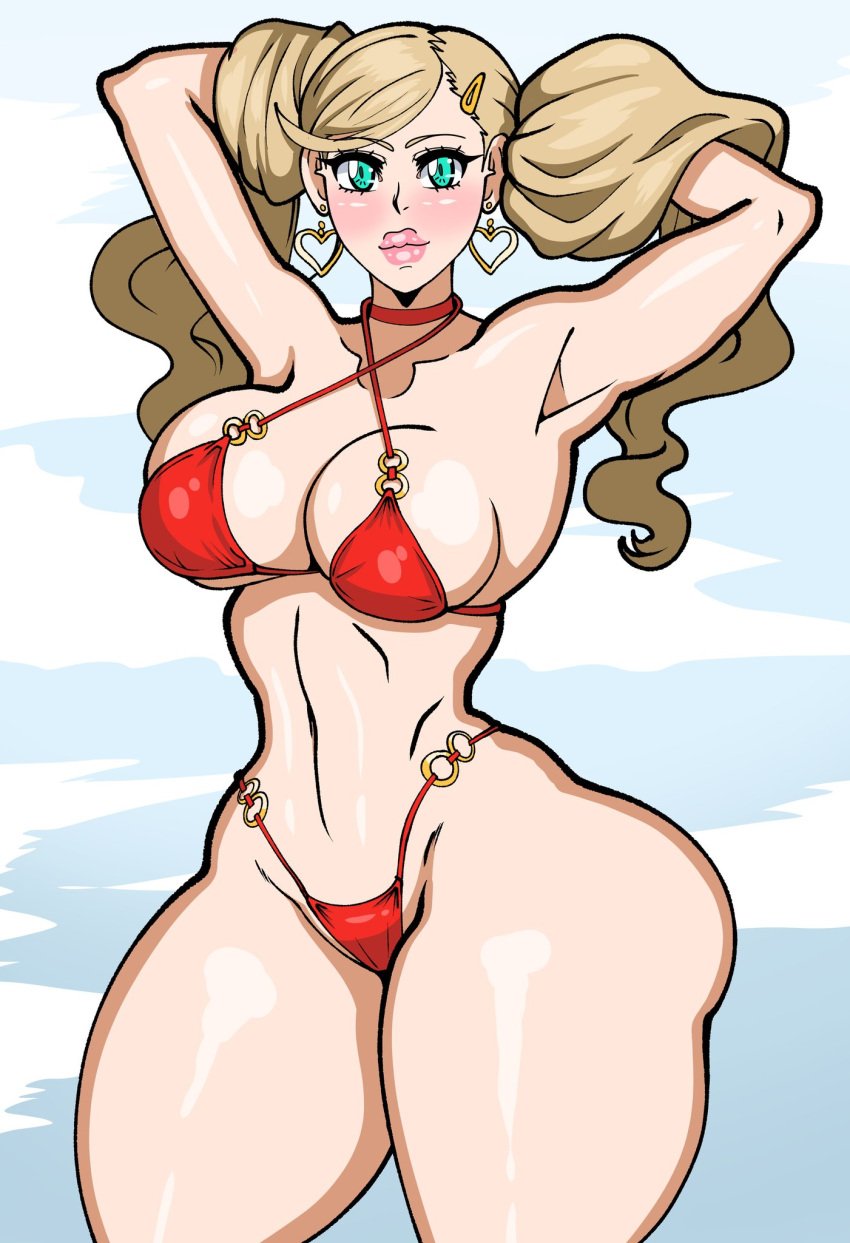 1girls ann_takamaki atlus big_breasts bikini bikini_bottom bikini_top bimbo bimbo_lips blonde_hair bottomwear breasts cleavage ear_piercing earrings female female_only green_eyes hair hair_ornament hairclip hands_behind_head heart_earrings hips huge_breasts lips micro_bikini persona persona_5 red_bikini shingattai solo solo_female swimwear thick_lips thick_thighs thighs topwear twintails wide_hips