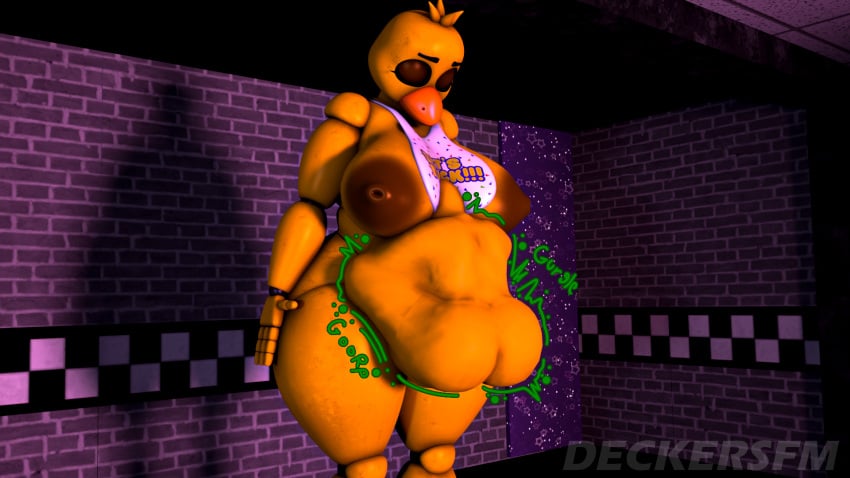 belly belly_expansion big_breasts big_hips chica_(fnaf) classic_chica_(fnaf) deckersfm digestion digestion_noises digestion_sequence five_nights_at_freddy's imprint prey_outline struggling struggling_prey vore vore_belly