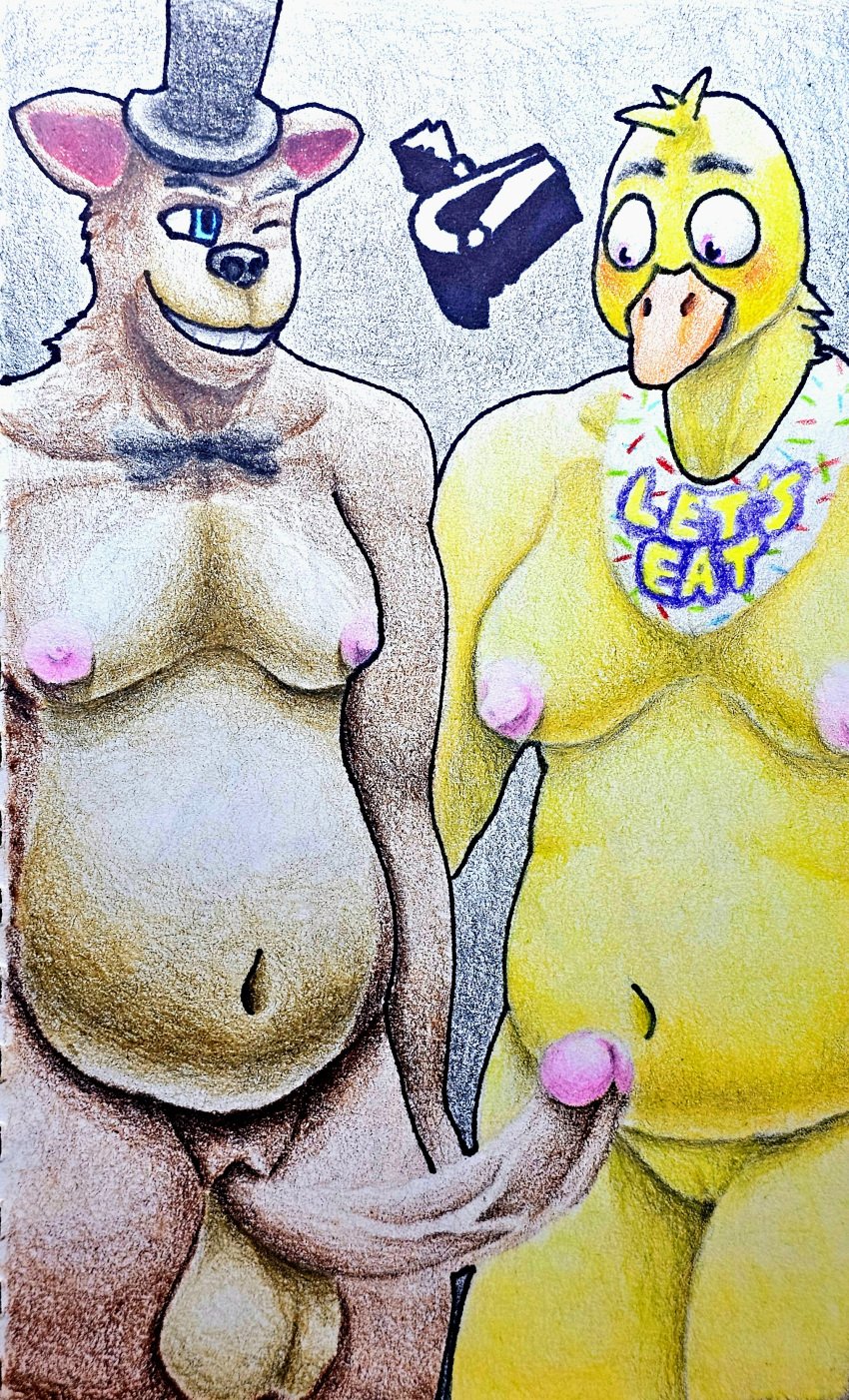 absurd_res anthro avian balls bear bib big_balls big_penis bird bow_tie chica_(fnaf) chicken clothing duo female five_nights_at_freddy's freddy_(fnaf) galliform gallus_(genus) genitals hat headgear headwear hi_res male male/female mammal marthan_crowl_(artist) one_eye_closed overweight overweight_anthro overweight_female overweight_male penis phasianid scottgames slightly_chubby slightly_chubby_anthro slightly_chubby_female slightly_chubby_male suprised_eyes suprised_look top_hat wink