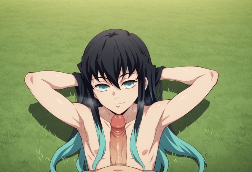 ai_generated black_hair blue_eyes colored_hair demon_slayer femboy guzemberg kimetsu_no_yaiba long_hair lying muichiro_tokitou penis smiling trap