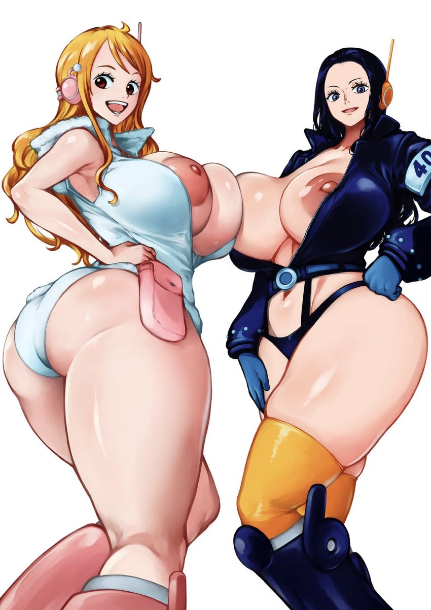 2girls big_breasts black_hair egghead female female_focus female_only kyugata large_breasts long_hair nami nami_(one_piece) nico_robin one_piece orange_hair pale-skinned_female pale_skin post-timeskip thick_thighs wide_hips wide_thighsone_piece