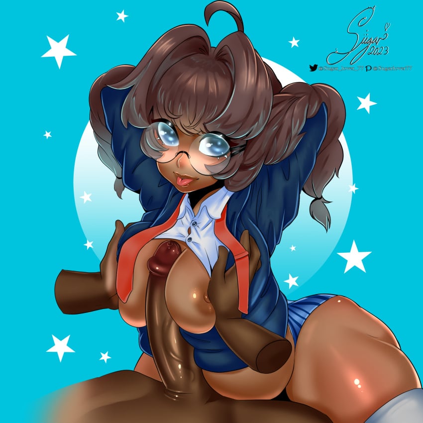 blue_eyes breasts brown_hair brown_skin commissioner_upload cute dark-skinned_male dark_skin glasses medium_breasts nipples original_character school_uniform seiska_(refractantshell) stars sugarlover77 tongue tongue_out upper_body