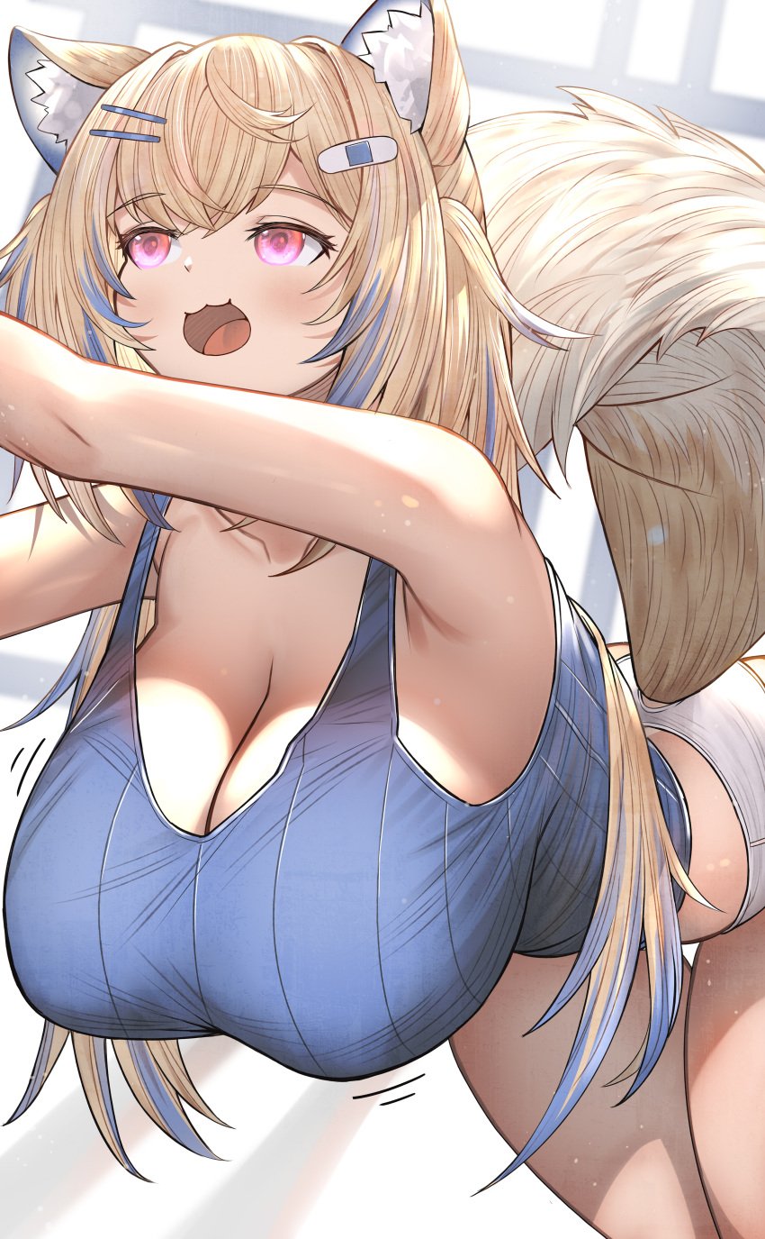 1girls :3 animal_ear_fluff animal_ears bent_over blonde_hair blue_hair blue_shirt blush breasts cleavage collarbone dog_ears dog_girl dog_tail female fuwawa_abyssgard hair_ornament hairclip hand_out_of_frame hanging_breasts hololive hololive_english honkivampy huge_breasts leaning_forward long_hair multicolored_hair open_mouth outstretched_hand shirt shorts sleeveless sleeveless_shirt solo streaked_hair tail two_side_up virtual_youtuber white_shorts