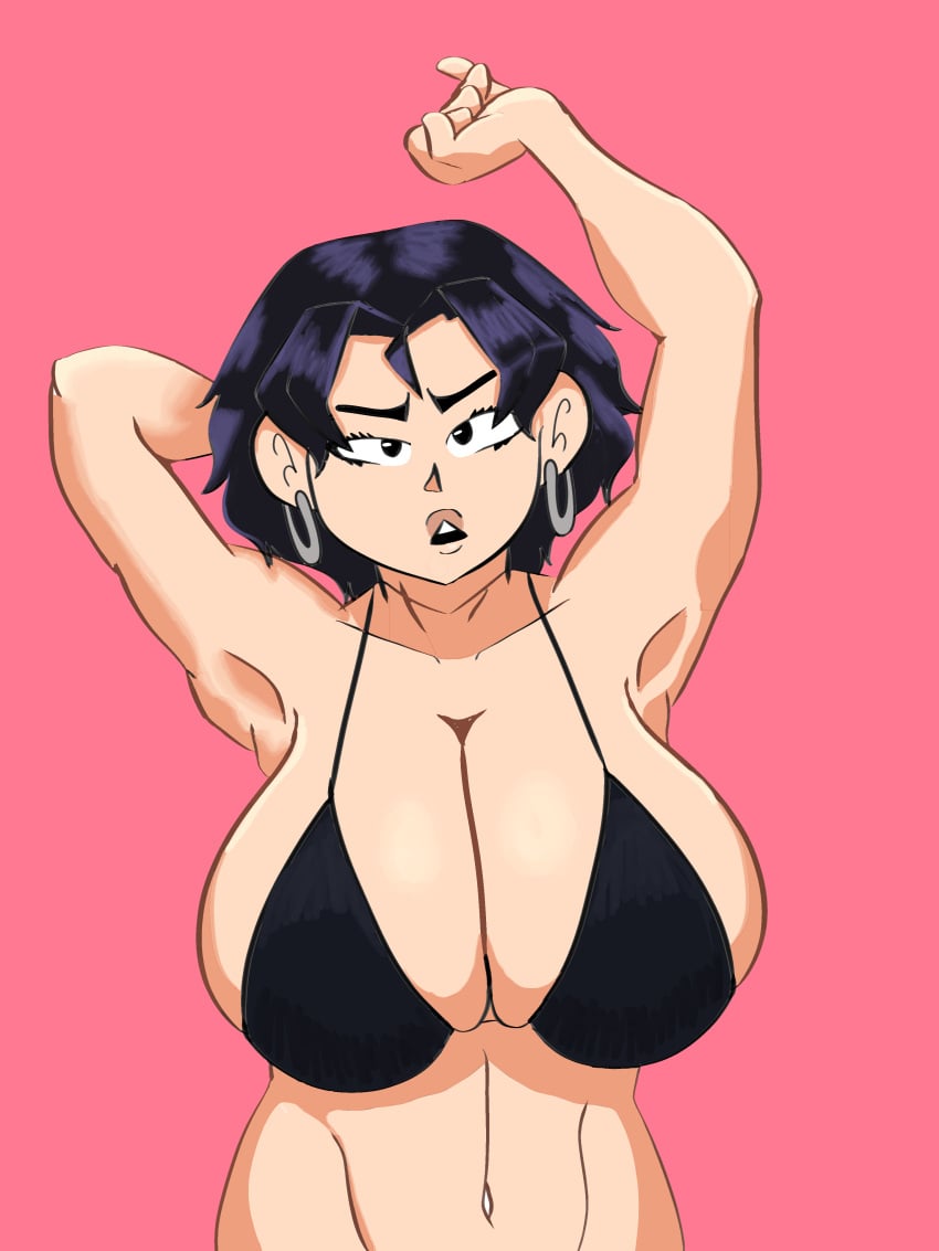 1girls armpits big_breasts bikini_top bitchbalwin breasts earrings eyelashes pink_background purple_hair shaded short_hair