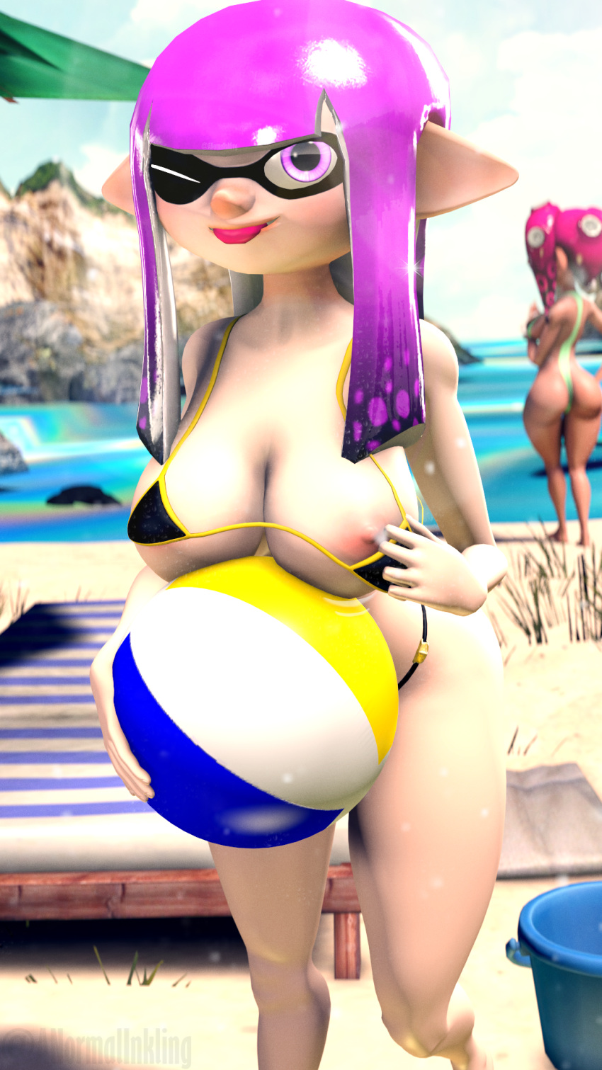 3d a_normal_inkling beach beachball black_bikini inkling inkling_girl looking_at_viewer nipple_slip octoling octoling_girl peeking_out pink_hair purple_eyes purple_hair self_upload sfm source_filmmaker splatoon splatoon_(series) tease tongue tongue_out