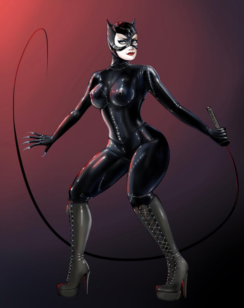 1girls big_breasts blue_eyes bodysuit boots catwoman corset dc dc_comics high_heel_boots high_heels iron_doomer kneehighs laced_boots latex latex_bodysuit latex_suit thick_ass thick_thighs