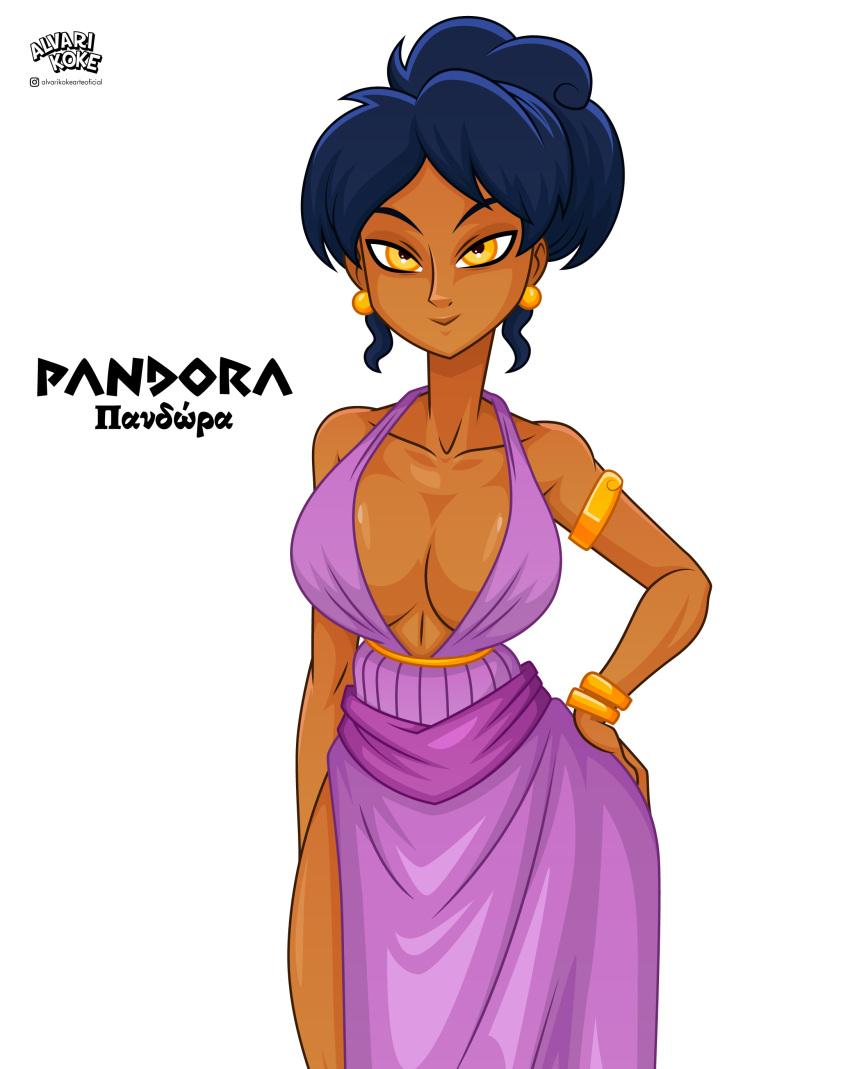 1girls alvarikokearte big_breasts black_hair breasts cleavage clothed clothed_female clothing collarbone dark-skinned_female dark_skin female female_focus female_only greek_mythology hair hi_res human large_breasts mythology original original_character pandora_(alvarikokearte) solo solo_female wide_hips yellow_eyes