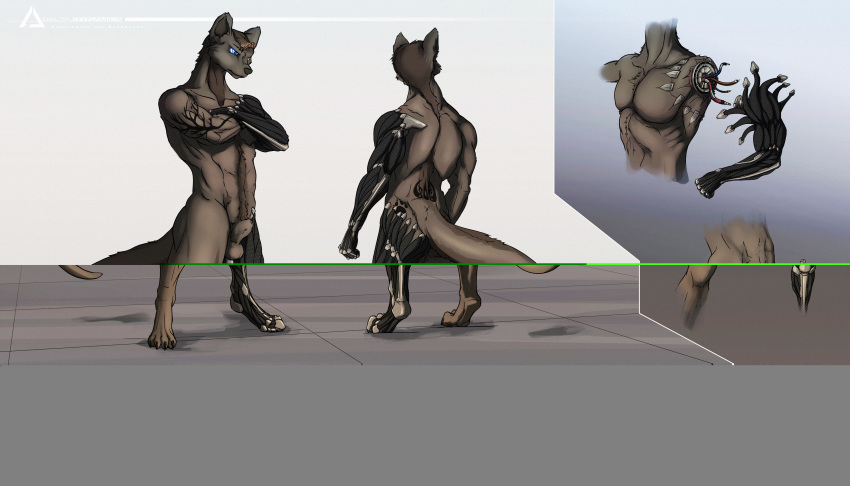 anthro ass balls brown_fur delta.dynamics fur hair mammal mechanical_arm mechanical_leg mustelid otter prosthetic tagme