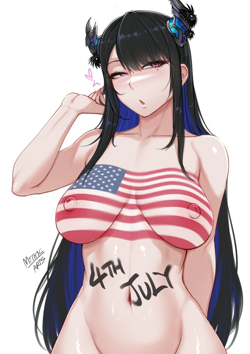 1girls 4th_of_july artist_name artist_signature asymmetrical_horns beauty_mark black_hair blue_hair bodypaint breasts colored_inner_hair demon_girl demon_horns female female_only hololive hololive_english hololive_english_-advent- large_breasts light-skinned_female light_skin long_hair mole mole_under_eye multicolored_hair myth1c myth1carts nerissa_ravencroft nipples red_eyes solo virtual_youtuber white_background