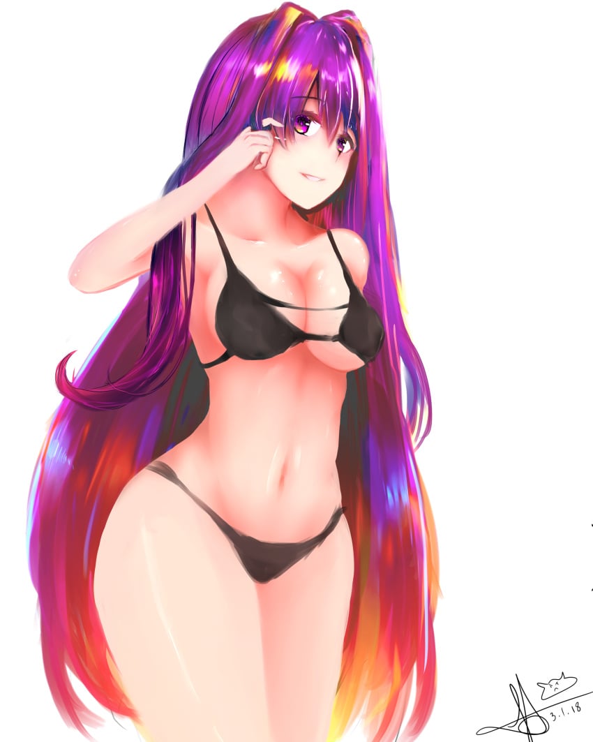 1female 1girls bare_shoulders bikini bikini_bottom bikini_top black_bikini black_bikini_bottom black_bikini_top black_swimsuit black_swimwear breasts cleavage crunnix doki_doki_literature_club long_hair navel purple_eyes purple_hair swimsuit swimwear thighs yuri_(doki_doki_literature_club)