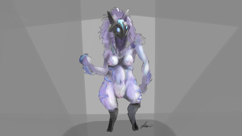 anthro blue_body breasts camel_toe female front_view fur hi_res kindred lamb_(league_of_legends) league_of_legends long_ears olimis pose riot_games solo tencent