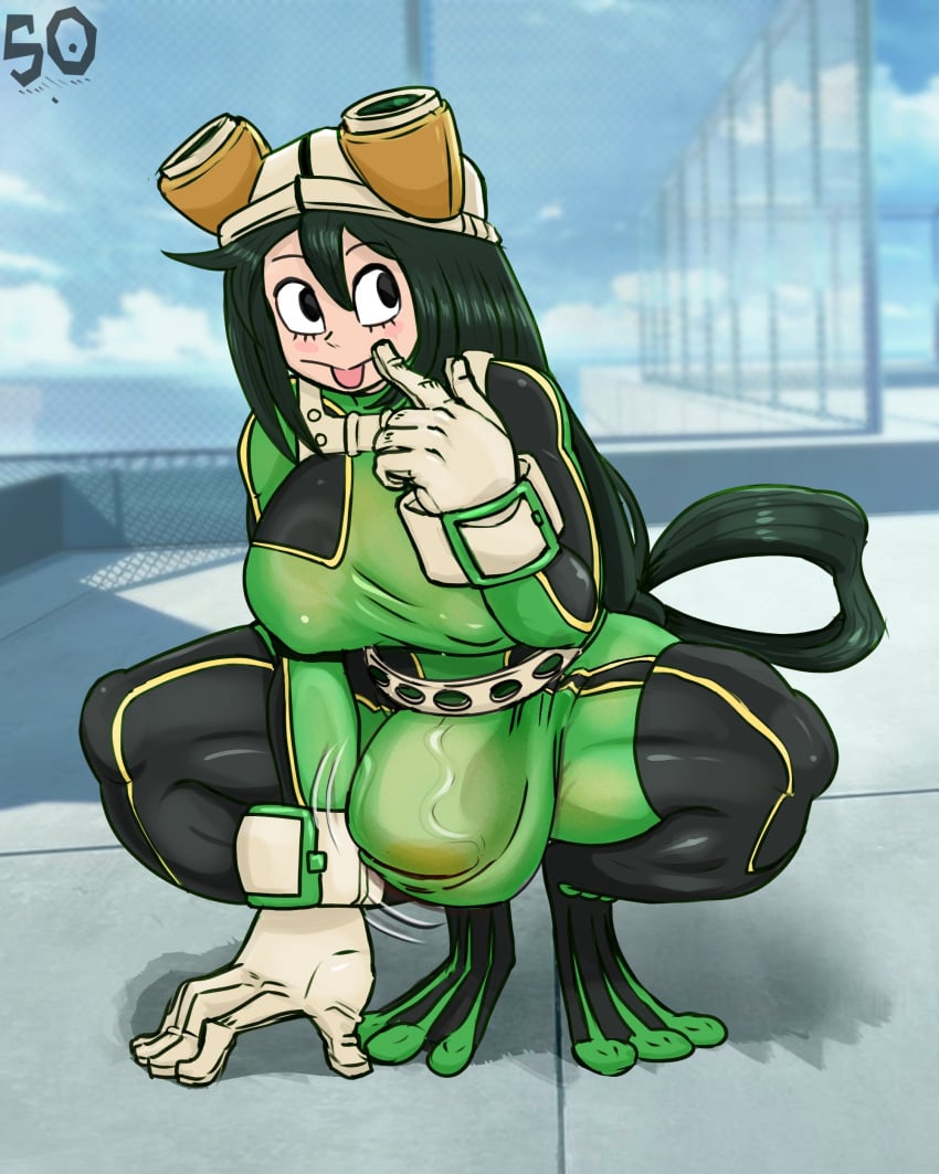 1futa 2024 balls big_balls big_breasts blush bodily_fluids boku_no_hero_academia breasts bulge bulge_through_clothing clothed clothing erect_nipples erection erection_under_clothes full_body fully_clothed futa_only futanari green_hair hero_outfit_(mha) huge_cock human light-skinned_futanari light_skin long_hair my_hero_academia penis public public_exposure solo souley69 spread_legs squatting tsuyu_asui