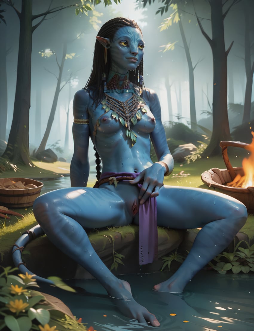 ai_generated avatar avatar:_the_way_of_water blue_skin loincloth na'vi neytiri nipples pussy stable_diffusion synth_canvas tagme tail