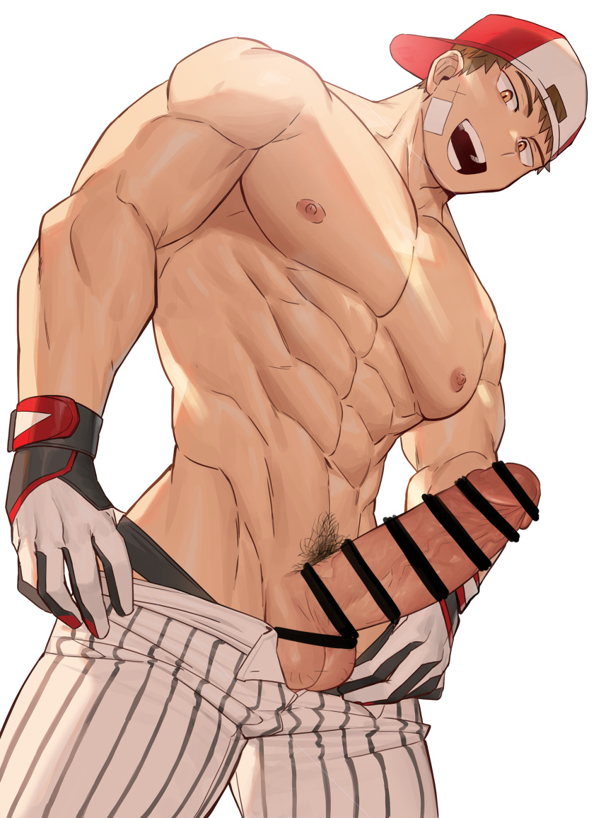 1boy abs backwards_baseball_cap bandaid bandaid_on_face baseball_cap beom_liben brown_hair bulge censor_bar censored censored_penis erection gloves gondom looking_at_viewer looking_down looking_down_at_viewer low-angle_view male male_only muscular muscular_arms muscular_male nipples open_mouth open_mouth_smile pants pants_down pecs penis pubic_hair scar scar_on_face smile smiling_at_viewer solo solo_male standing standing_over_viewer topless underwear underwear_down