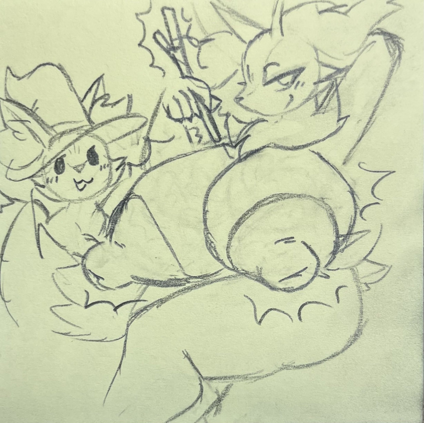 big_breasts black_and_white braixen breast_expansion expansion female female_focus female_only fennekin huge_breasts lime09 magic pencil_(artwork) pokemon sketch thick_thighs wizard_hat