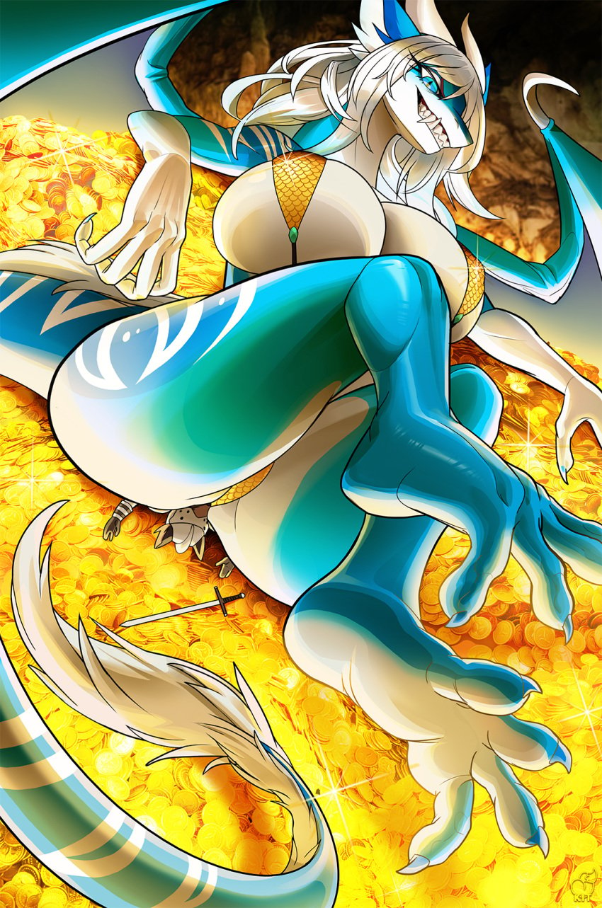 anthro big_breasts bikini biped blue_body blue_eyes breasts brown_body brown_fur clothing dragon facesitting fangs female fur hi_res kittell_(artist) kittellox_(artist) larger_female macro melee_weapon membrane_(anatomy) membranous_wings mythological_creature mythological_scalie mythology pupils scalie sitting_on_another sitting_on_person size_difference slit_pupils swimwear sword teeth thick_thighs two-piece_swimsuit weapon wings