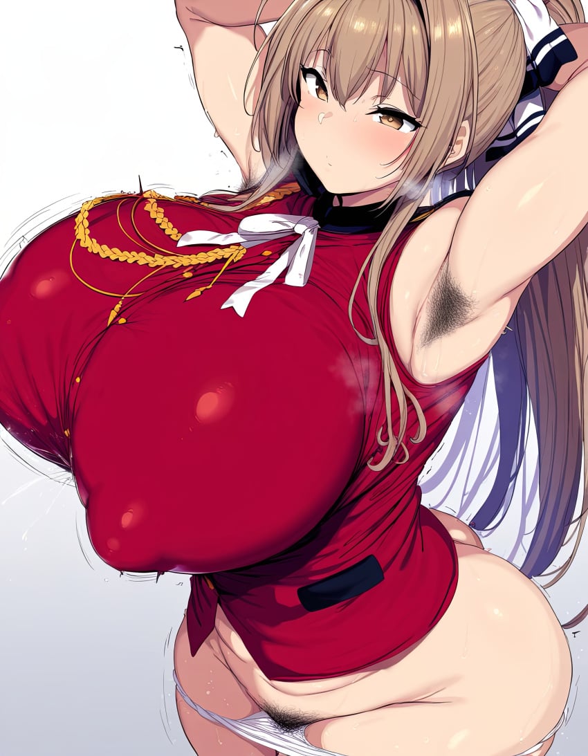 1girls ai_generated amagi_brilliant_park big_breasts blush breasts brown_eyes deepjungle female female_focus huge_breasts large_breasts nai_diffusion nipples nipples_visible_through_clothing ponytail sento_isuzu skirt thick_thighs thighs