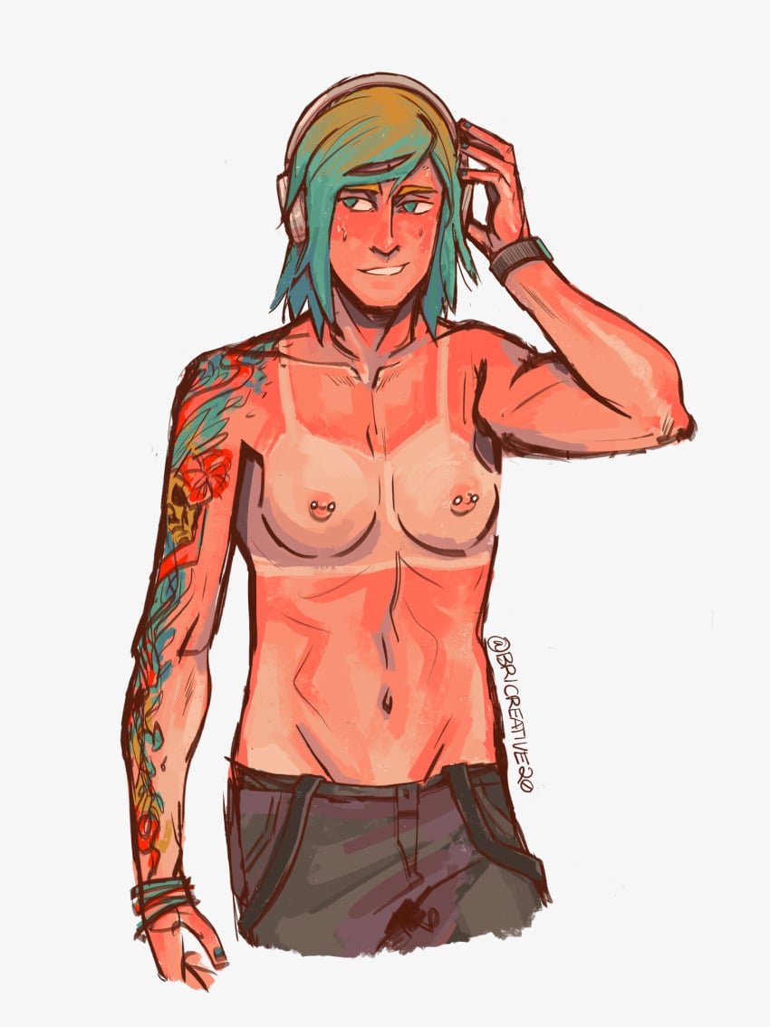 1girls artist_request artist_signature bicreative blue_hair breasts chloe_price dyed-hair female female_focus female_only half_naked heatstroke_(trend) life_is_strange pierced_nipples piercing sunburn tanline tattoo tattooed_arm topless topless_female white_background yuri