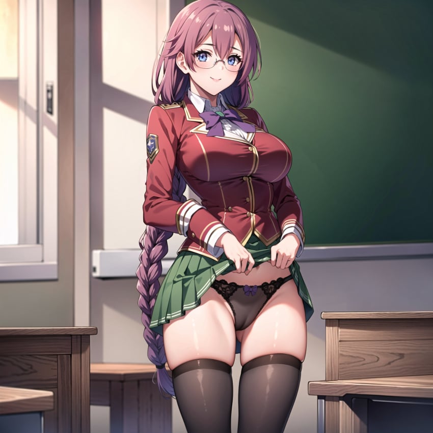 1girls ai_generated big_breasts blue_eyes braid classroom clothed eiyuu_densetsu emma_millstein long_hair nerd nerdy_female pink_hair school_uniform sen_no_kiseki showing_panties trails_of_cold_steel white_skin witch