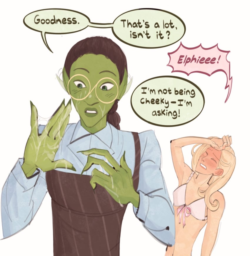2girls after_sex blush bra bra_only braid braided_hair clothed clothed_female cum cum_on_face cum_on_hand ear_wiggle elf elf_ears elf_female elf_girl elphaba embarrassed female female_only full-face_blush glasses glinda goatedsaminator green_body green_skin how_do_i_tag_ts implied_handjob implied_sex no_visible_genitalia pink_bra the_wizard_of_oz wicked yuri