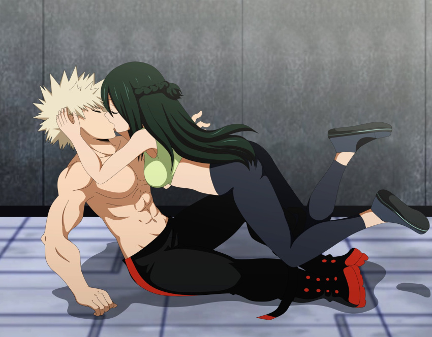 1boy 1girls asui_tsuyu bakugou_katsuki closed_eyes female green_hair katsuki_bakugou kissing kissing making_out male male/female my_hero_academia passionate passionate_kiss shirtless shirtless_male spiky_hair sports_bra sportswear tight_clothing tsuyu_asui