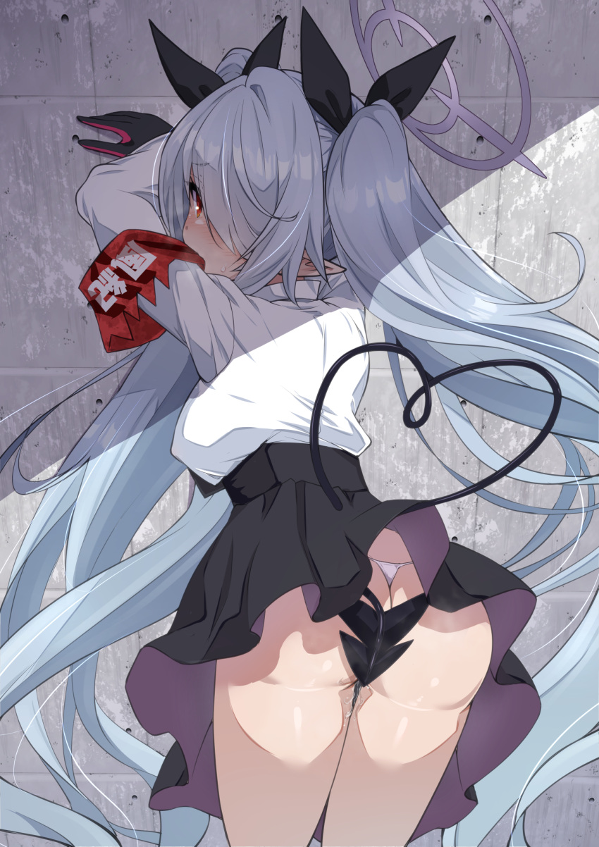 ass black_skirt blue_archive female grey_hair halo highres iori_(blue_archive) kirimmitsu looking_at_viewer looking_back pussy_juice red_eyes shirt skirt solo thighs twintails white_shirt