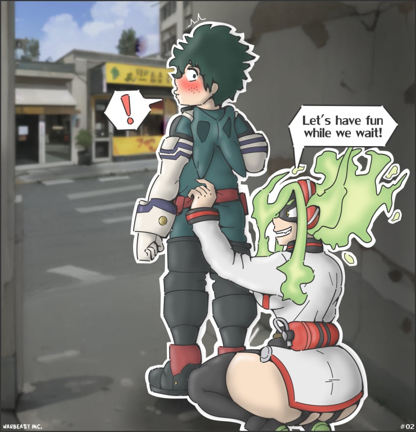 1boy 1girls 2d ass big_ass big_butt boku_no_hero_academia burnin_(my_hero_academia) comic comic_page deku dialogue female fire flaming_hair freckles freckles_on_face from_behind green_eyes green_hair hero_outfit_(mha) heroine izuku_midoriya light-skinned_female light_skin long_hair looking_back male moe_kamiji my_hero_academia smile smiling squatting surprised taking_clothes_off thick thick_legs thick_thighs thighhighs thighs warbeastinc. wide_hips yellow_eyes