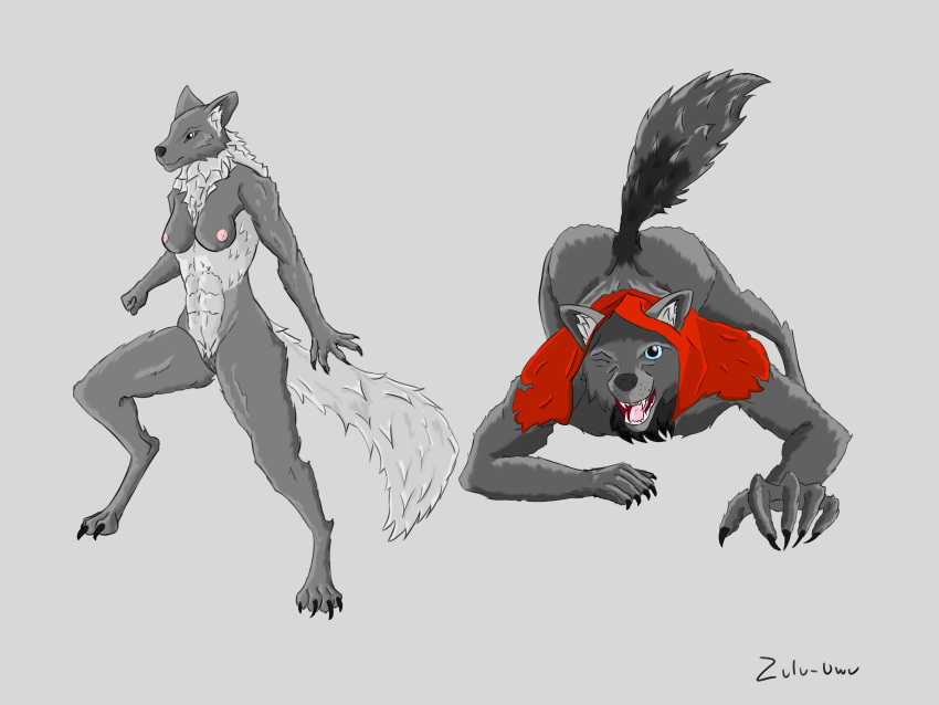 absurd_res anthro athletic athletic_female barely_visible_genitalia barely_visible_pussy canid canine canis claws crawling cultist_(valheim) duo female finger_claws fluffy fluffy_tail genitals hi_res hood male male/female mammal nipples nude one_eye_closed open_mouth paws pussy study tail valheim wink wolf zulu_uwu