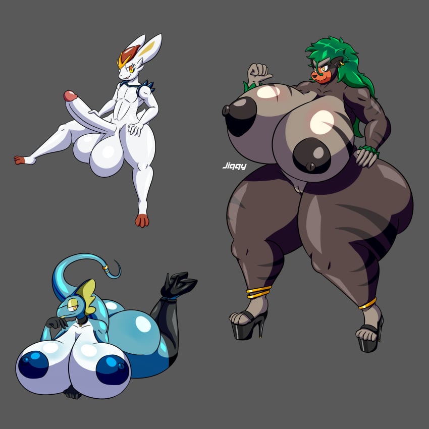 absurd_res anthro areola areolae ass balls bao_(jiqqy) big_areola big_balls big_breasts big_butt big_penis black_body blue_body breasts cinderace clothing conga_(jiqqy) female footwear generation_8_pokemon genitals green_hair group hair hi_res high_heels huge_areolae huge_breasts inteleon jiqqy large_areolae male nintendo penis platform_heels pokemon pokemon_(species) rillaboom shoes sydney_(jiqqy) tail trio white_body