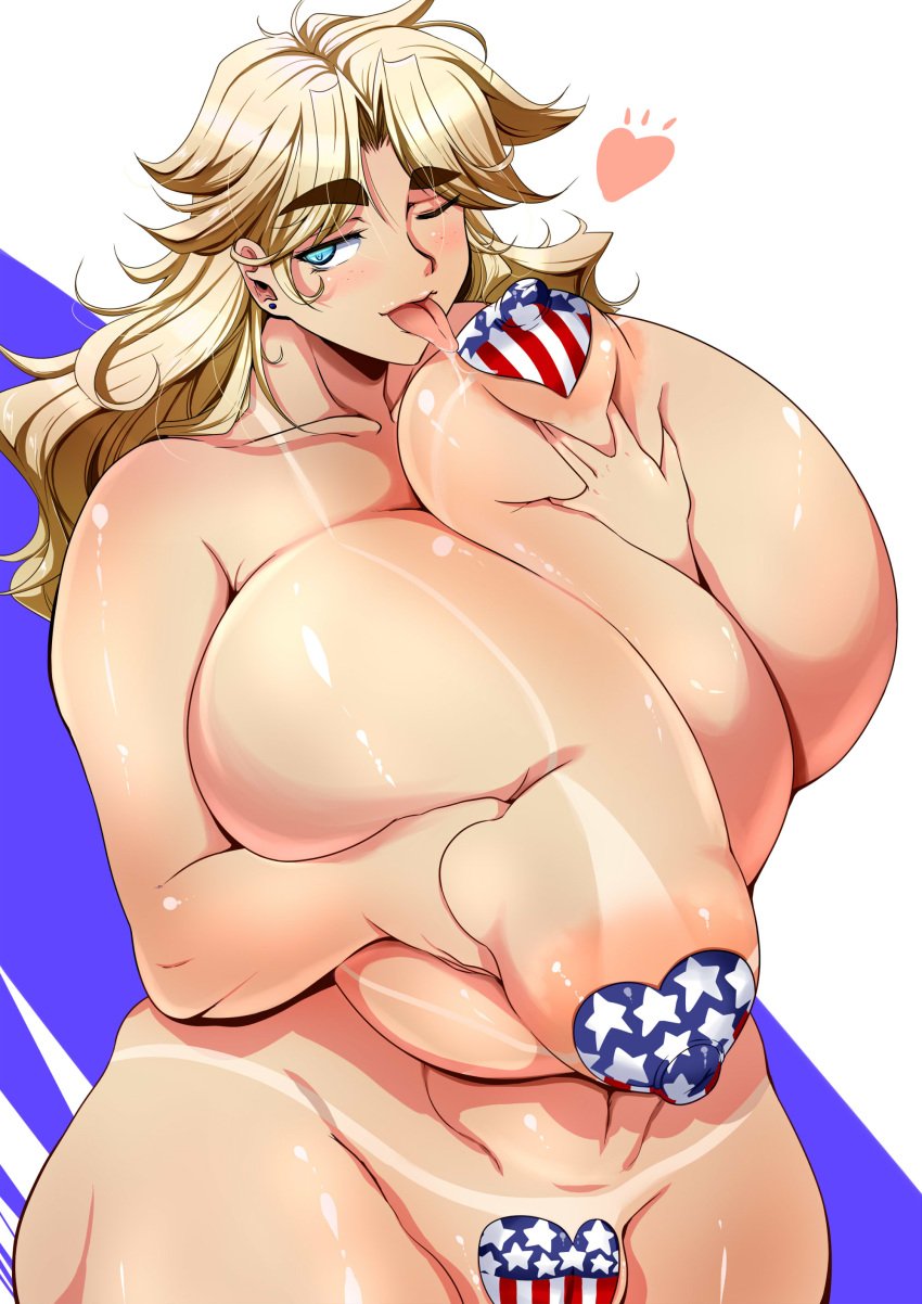 1girls 4th_of_july absurd_res american american_flag american_flag_pasties areolae areolae_slip bangs big_breasts blonde_hair blue_background blue_eyes breast_grab breast_lick breast_squeeze breast_squish breasts cameltoe curvaceous curvy drooling heart hi_res huge_breasts jessie_(matsumoto_katsuya) large_breasts licking light-skinned_female light_skin long_hair massive_breasts matsumoto_katsuya nipple_pasties nipples original pussy pussy_pasty skindentation standing tan tanline thick_eyebrows thick_thighs tongue tongue_out top_heavy two_tone_background useless_clothing voluptuous white_fur wide_hips