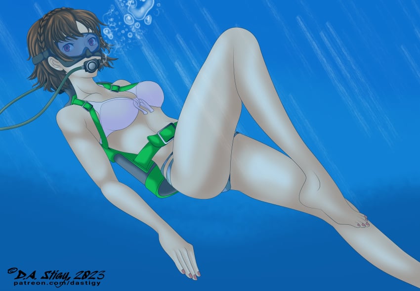 1girls 5_toes backpack barefoot belt bikini brown_hair clothing dastigy feet female female_only female_solo gloves_removed human makoto_niijima no_gloves pale_skin persona persona_5 red_eyes scuba scuba_gear scuba_mask scuba_tank soles solo solo_female solo_only swimwear toes underwater