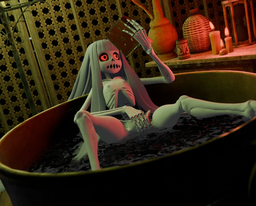 3d 3d_(artwork) background basin bath bathing blender_(software) bone book candelabra candle cleft_of_venus clitoral_stimulation female fingering fingering_self floating floating_hair glowing_eyes grey_hair hair karaka_(merafume) lavender_nipples legs legs_apart long_hair looking_away lorded masturbation merafume moaning nipples nude open_mouth original_character pale_skin pelvis pitcher pussy reading reclining red_eyes ribcage skeleton skeleton_girl solo spine vaginal_penetration vulva water