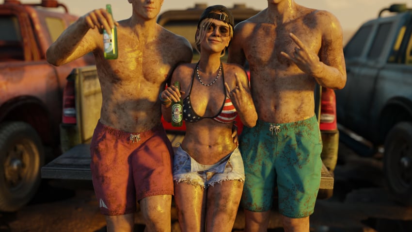 1girls 2boys 3d american_flag_bikini aviator_sunglasses backwards_baseball_cap baseball_cap beer big_breasts bikini blender blonde_hair breasts denim denim_shorts grand_theft_auto_vi hi_res looking_at_viewer looking_pleasured mud_girl_(gta_vi) navel necklace pose posing quick_e short_hair smile sunglasses swimming_trunks swimwear tinted_eyewear