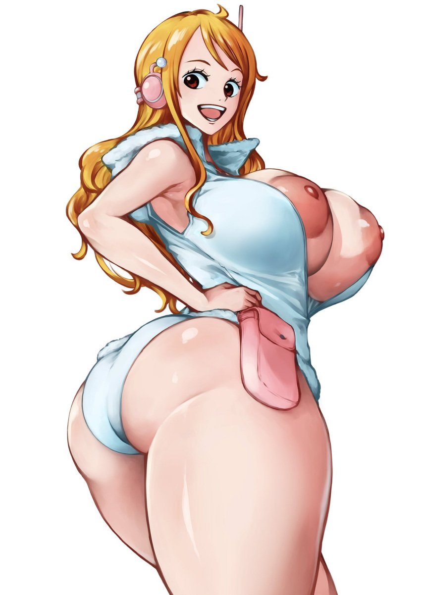 1girls areola_slip areolae areolae_slip big_breasts egghead female female_focus female_only inverted_nipples kyugata large_breasts long_hair nami nami_(one_piece) nipples one_piece orange_hair pale-skinned_female pale_skin post-timeskip thick_thighs wide_hips wide_thighs