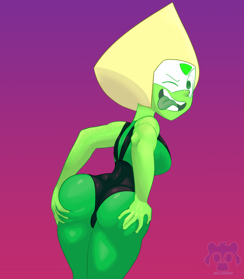 ass ass_focus ass_grab big_butt cameltoe cartoon_network evil_raccoon gem_(species) grabbing grabbing_ass green_body green_eyes green_skin massive_ass one_eye_closed peridot_(steven_universe) steven_universe tongue tongue_out wink